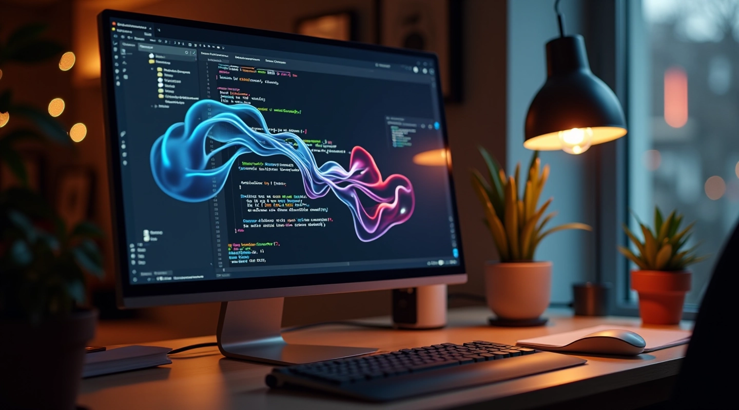 Schermo di computer con codice SVG e forme geometriche colorate in animazione