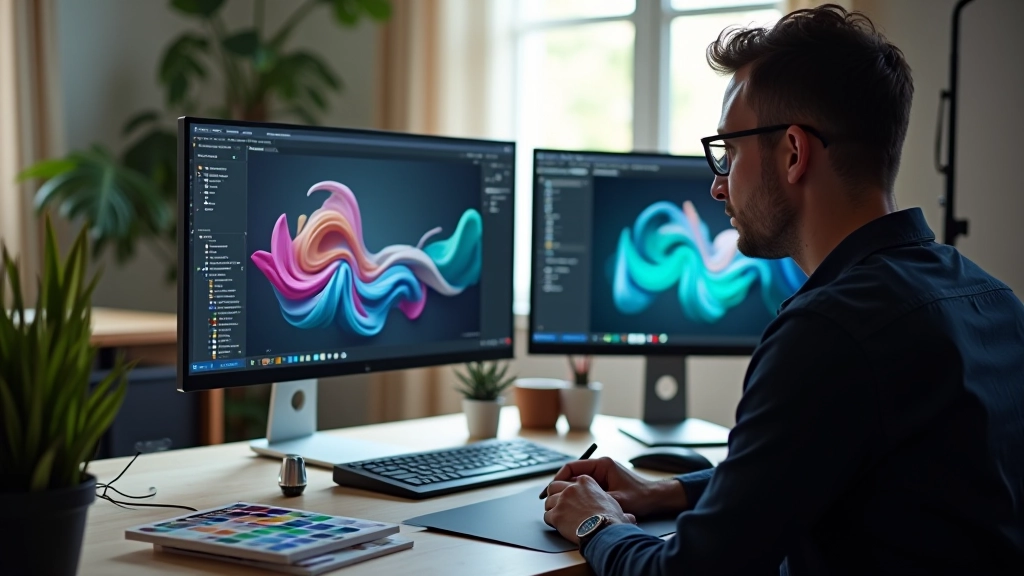 Spazio di lavoro con monitor che mostra software di animazione, tavoletta grafica e appunti di design, ambiente creativo con luce naturale
