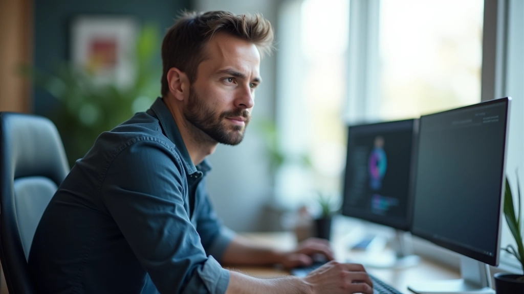 Persona che studia curve di easing su un monitor con diversi grafici di transizione animata