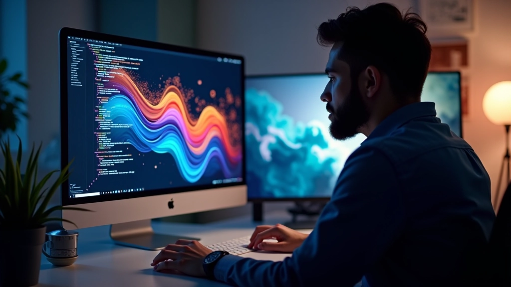 Schermo di sviluppatore con codice Canvas, animazione di griglia con colori fluidi