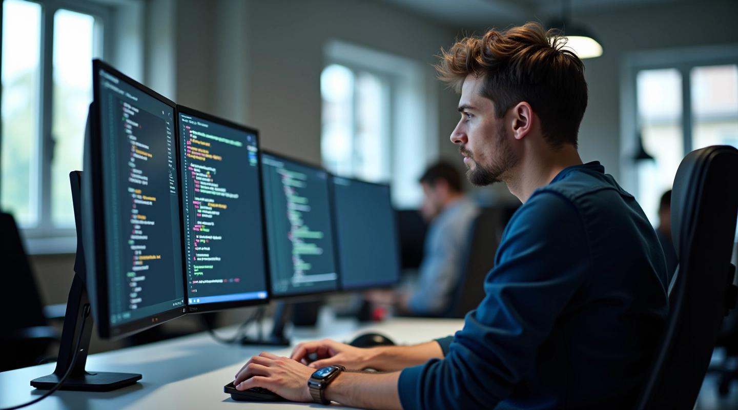 Studio moderno con postazioni di lavoro dedicate alle animazioni digitali e schermi con codice