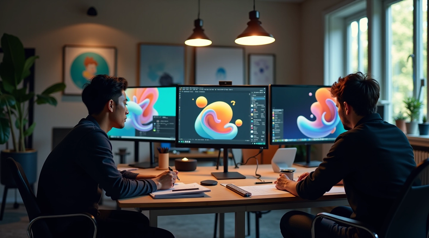 Lo studio FluidForm con workstation di animazione e ambiente creativo moderno